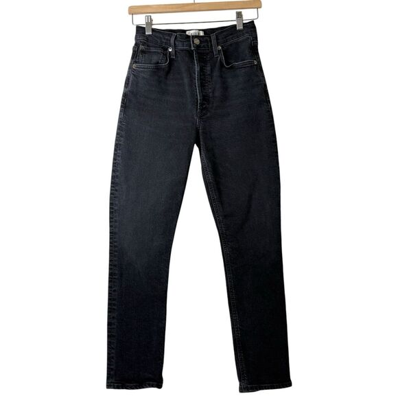 AGOLDE Riley Long Straight Jeans Sz 25 Black High Rise Ankle Button Fly Stretch - Picture 2 of 13